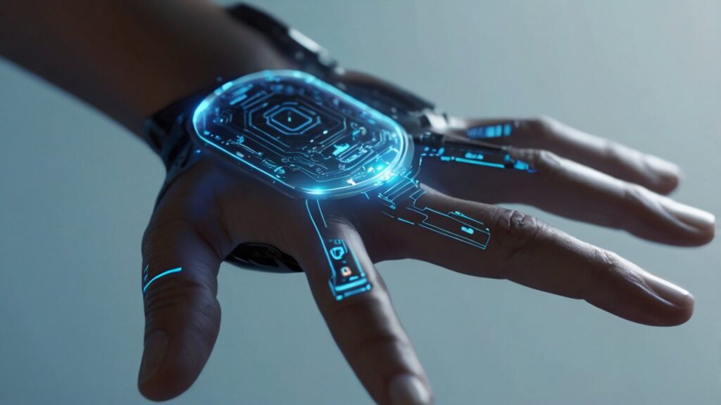 Usuário interagindo com o Humane Ai Pin projetando interface na mão