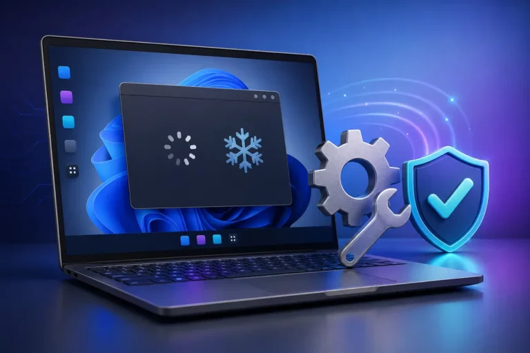 Notebook com aplicativo travando no Windows 11 e ferramentas de reparação do sistema.