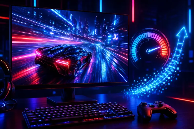 Monitor gamer exibindo jogo de corrida com velocímetro e seta indicando aumento de FPS.
