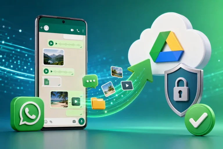 Conversas e arquivos do WhatsApp sendo enviados para um backup seguro no Google Drive.