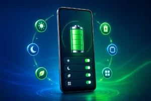 Celular mostrando como economizar bateria no Android com ajustes de brilho, modo escuro e economia de energia.