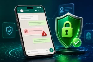 Celular exibindo possível golpe no WhatsApp ao lado de um escudo com cadeado representando a proteção da conta.