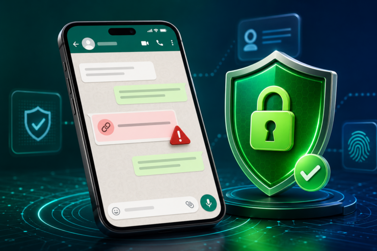 Celular exibindo possível golpe no WhatsApp ao lado de um escudo com cadeado representando a proteção da conta.