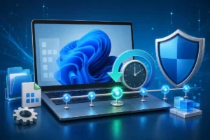Notebook com linha do tempo e símbolo de recuperação para criar um ponto de restauração no Windows 11.