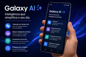 Galaxy AI em smartphone Samsung mostrando recursos de inteligência artificial.