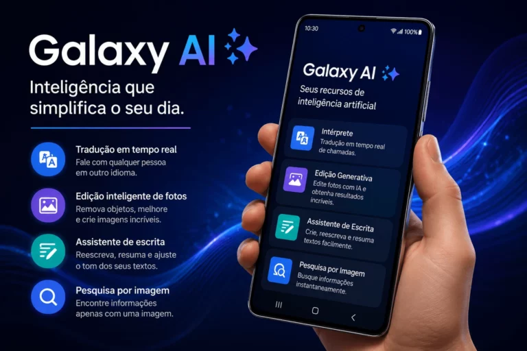 Galaxy AI em smartphone Samsung mostrando recursos de inteligência artificial.