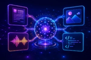 Rede neural conectada a painéis de texto, imagem, áudio e código para representar a inteligência artificial generativa.