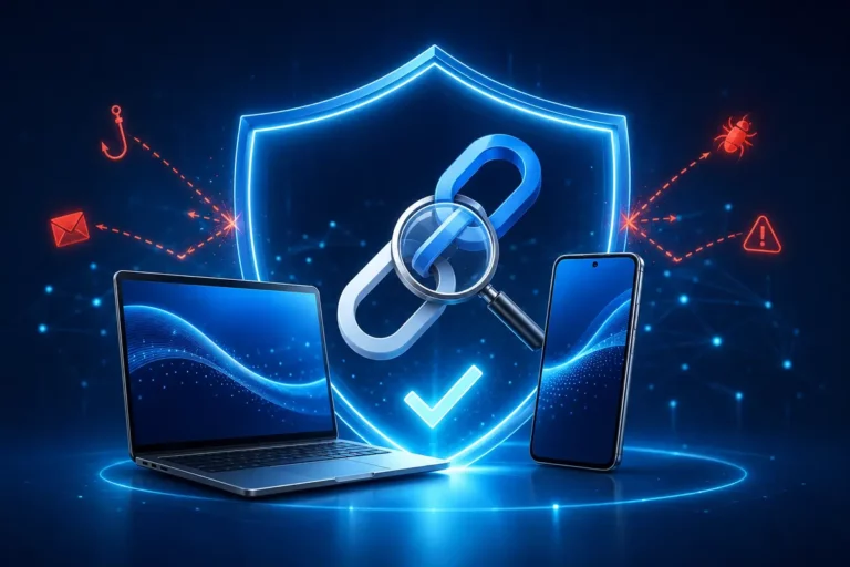 Notebook e celular analisando um link com escudo de segurança antes do acesso.