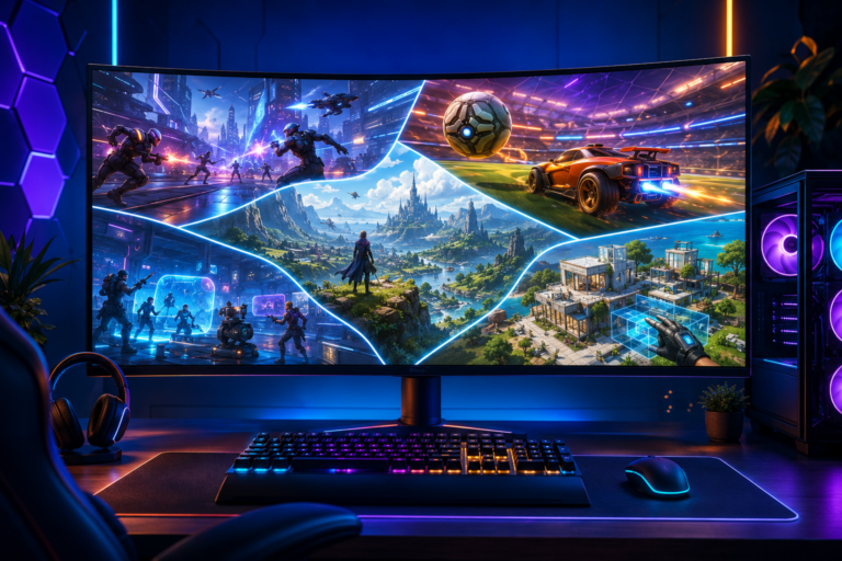 Setup gamer com monitor exibindo diferentes estilos entre os melhores jogos gratuitos para PC em 2026.