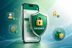 Celular com escudo, cadeado e PIN representando a verificação em duas etapas no WhatsApp.