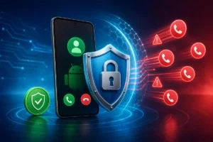 Celular Android com escudo bloqueando chamadas de spam e números suspeitos.