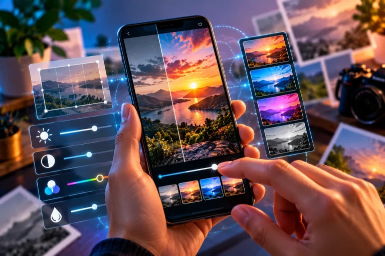 Edição de fotos em smartphone com ajustes de imagem