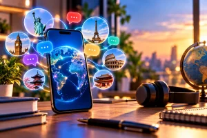 Smartphone exibindo aplicativos de aprendizado de idiomas