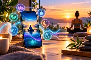Aplicativos de Meditação representados por um smartphone em ambiente tranquilo