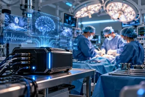 Black Box de IA analisando dados em uma sala de cirurgia moderna