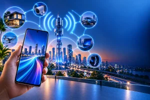 Conectividade 5G representada por smartphone conectado a uma rede móvel