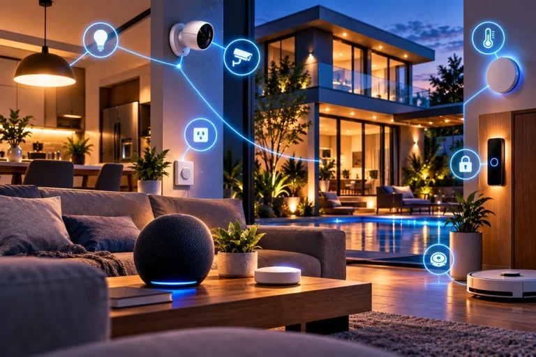 Gadgets para Casa Inteligente integrados em um ambiente residencial moderno