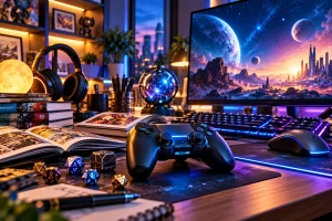 Elementos de games, quadrinhos e tecnologia representando o universo geek