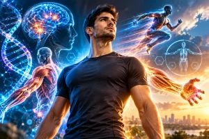 Pessoa genérica cercada por elementos científicos representando superpoderes