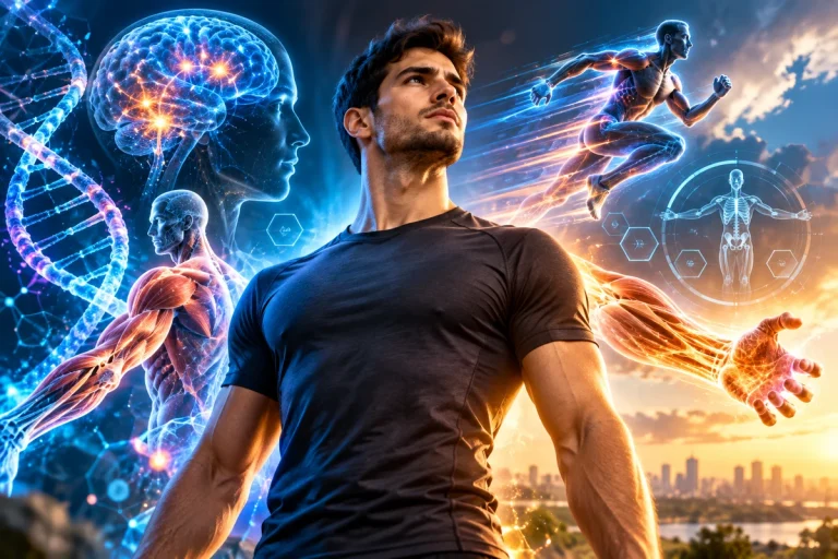 Pessoa genérica cercada por elementos científicos representando superpoderes