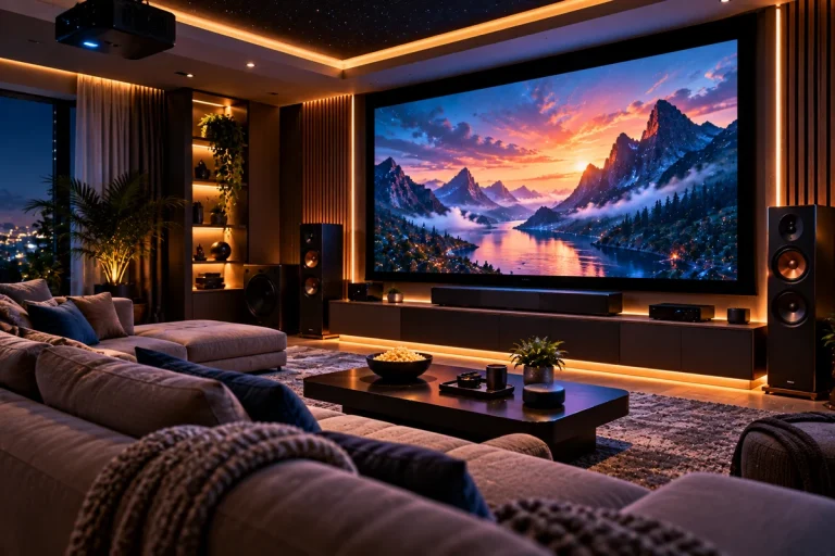 Sala de cinema em casa com TV, soundbar, iluminação inteligente e gadgets tecnológicos