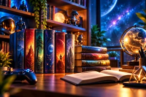 Biblioteca geek com livros de fantasia e ficção científica