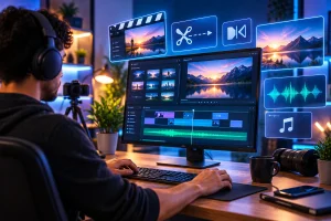 Edição de vídeo gratuita sendo realizada em um computador