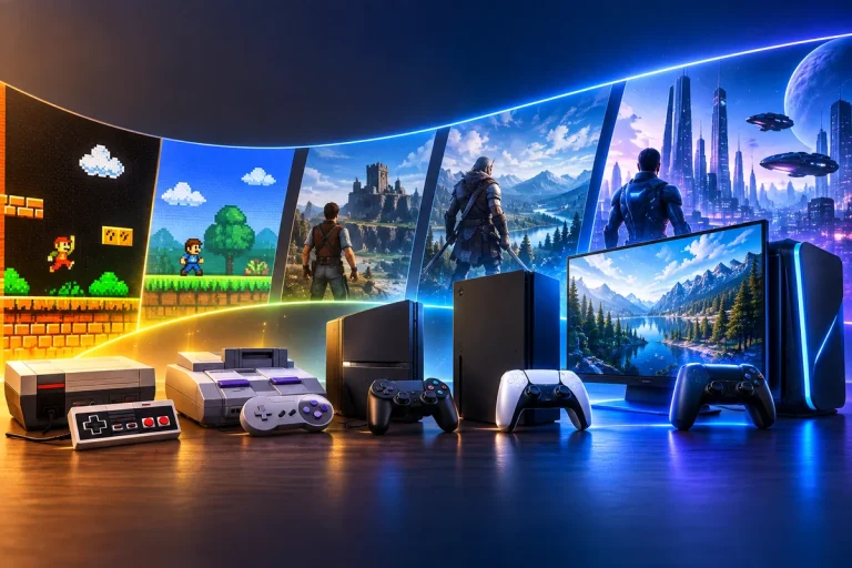 Evolução dos videogames representada por diferentes gerações de consoles