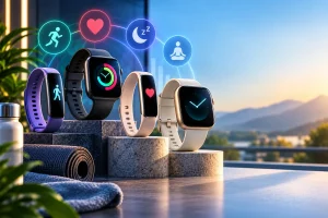 Fitbit em diferentes formatos de pulseira e relógio inteligente