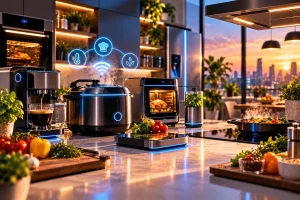 Gadgets de cozinha inteligentes em um ambiente moderno e tecnológico