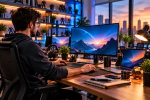 Profissional em ambiente de trabalho moderno com elementos tecnológicos