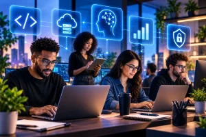 Profissões de TI representadas por profissionais trabalhando com tecnologia