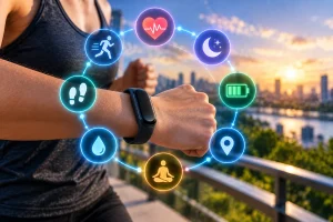 Smartband exibindo informações de atividades físicas no pulso