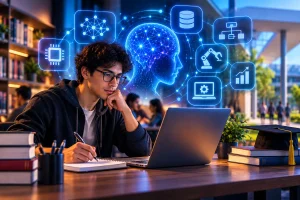 Faculdade de inteligência artificial com estudante aprendendo tecnologia