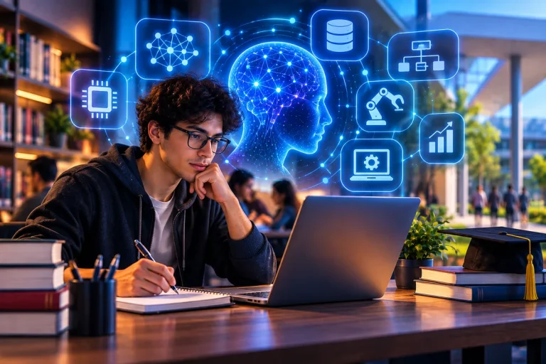 Faculdade de inteligência artificial com estudante aprendendo tecnologia