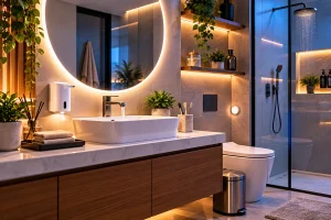 Banheiro moderno com gadgets e iluminação inteligente