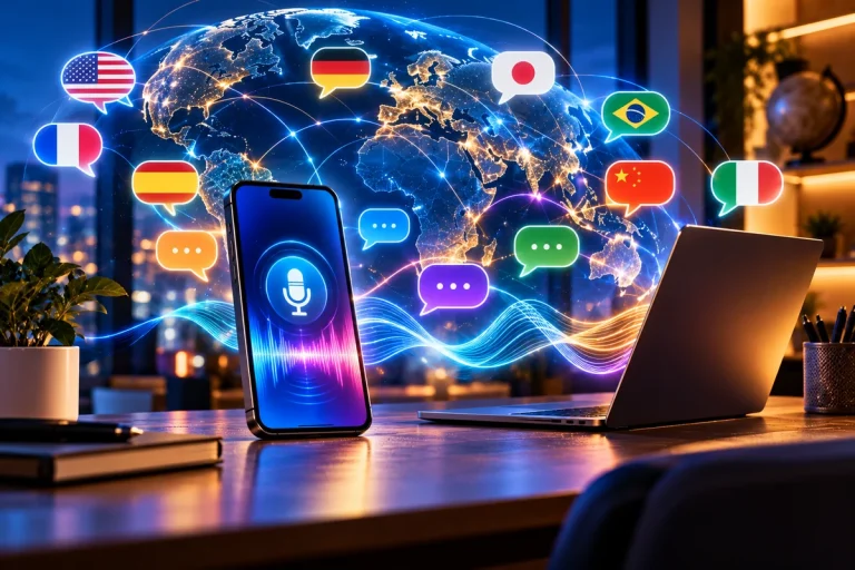 Tradutores de Línguas representados por dispositivos digitais e símbolos de comunicação global