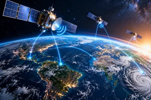 Satélites artificiais orbitando a Terra e transmitindo dados