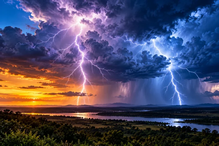 Raios e trovões durante uma tempestade no horizonte