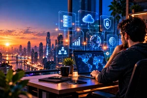 Profissional de tecnologia trabalhando em computador em ambiente digital