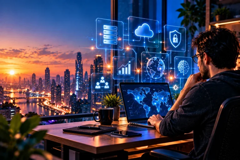 Profissional de tecnologia trabalhando em computador em ambiente digital