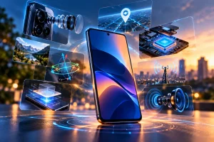 Smartphone moderno cercado por sensores e elementos tecnológicos