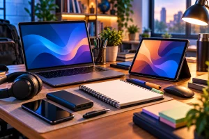 Gadgets para estudantes organizados sobre uma mesa de estudos