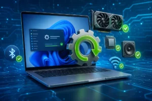 Notebook com componentes de hardware e símbolo de atualização para atualizar drivers no Windows 11.