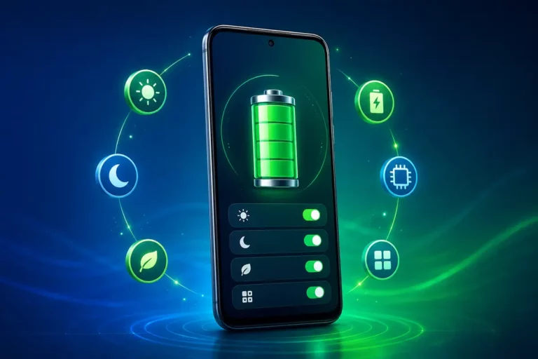 Celular mostrando como economizar bateria no Android com ajustes de brilho, modo escuro e economia de energia.