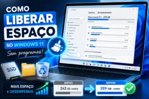 Notebook com Windows 11 exibindo a tela de armazenamento e limpeza de arquivos temporários para liberar espaço no disco sem instalar programas.
