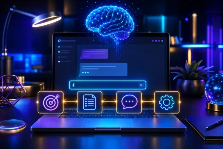 Notebook exibindo interface de inteligência artificial com campo de prompt, cérebro digital e ícones de objetivo, conversa e configuração.