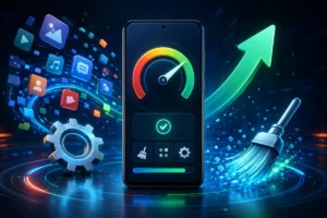Celular Android com velocímetro de desempenho, seta ascendente e símbolos de otimização.