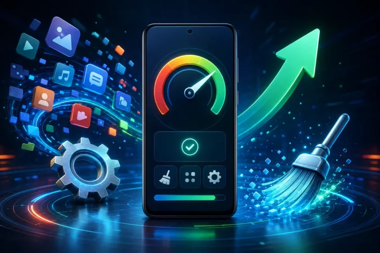 Celular Android com velocímetro de desempenho, seta ascendente e símbolos de otimização.