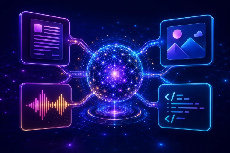 Rede neural conectada a painéis de texto, imagem, áudio e código para representar a inteligência artificial generativa.